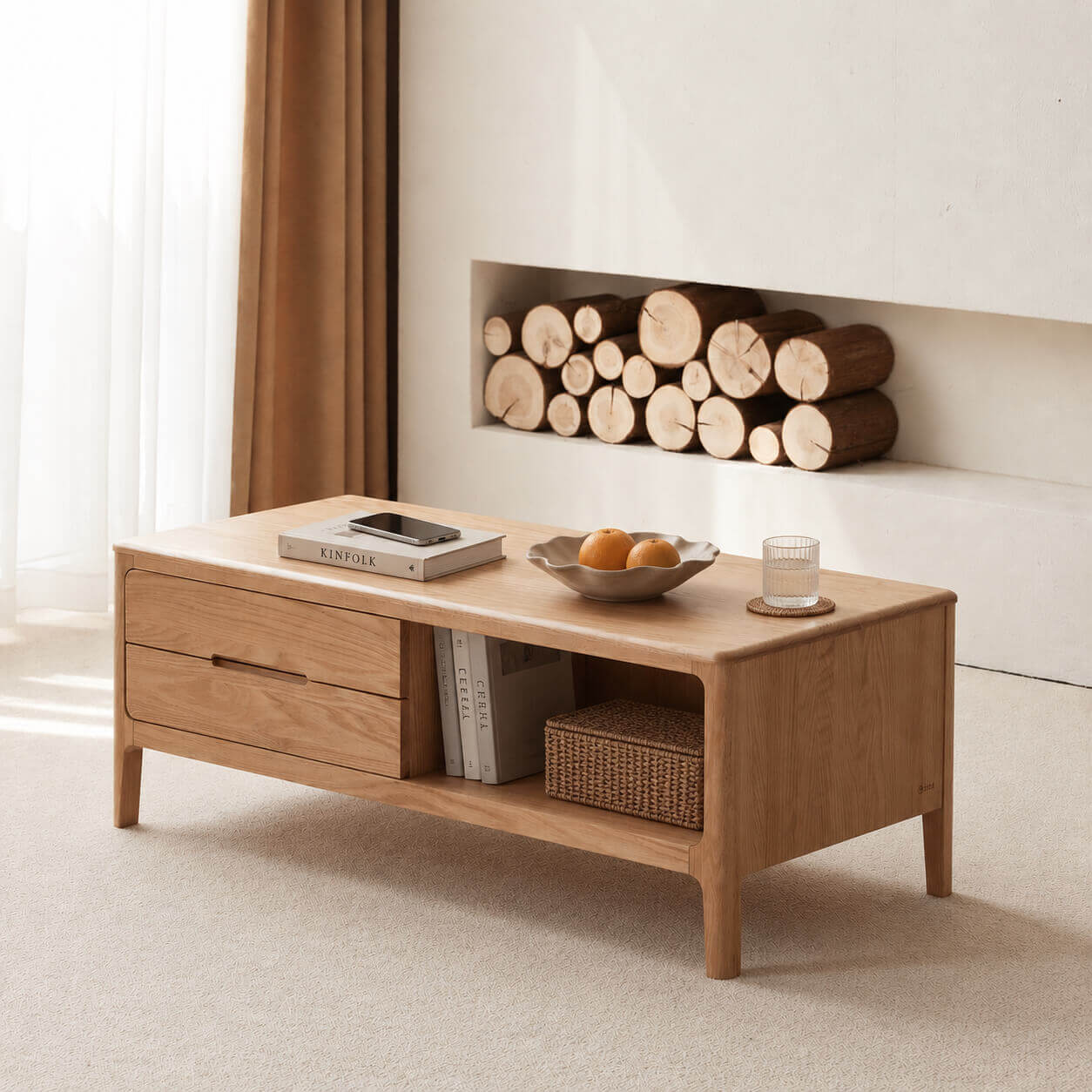 Gamo Solid Oak Coffee Table in a bright modern living room with practical storage