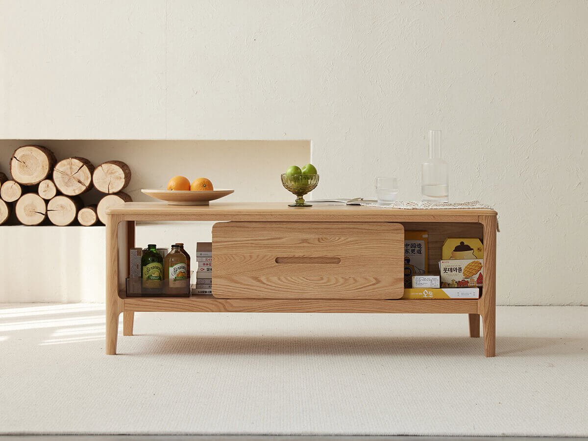 Gamo Solid Oak Coffee Table with functional storage in a contemporary living room