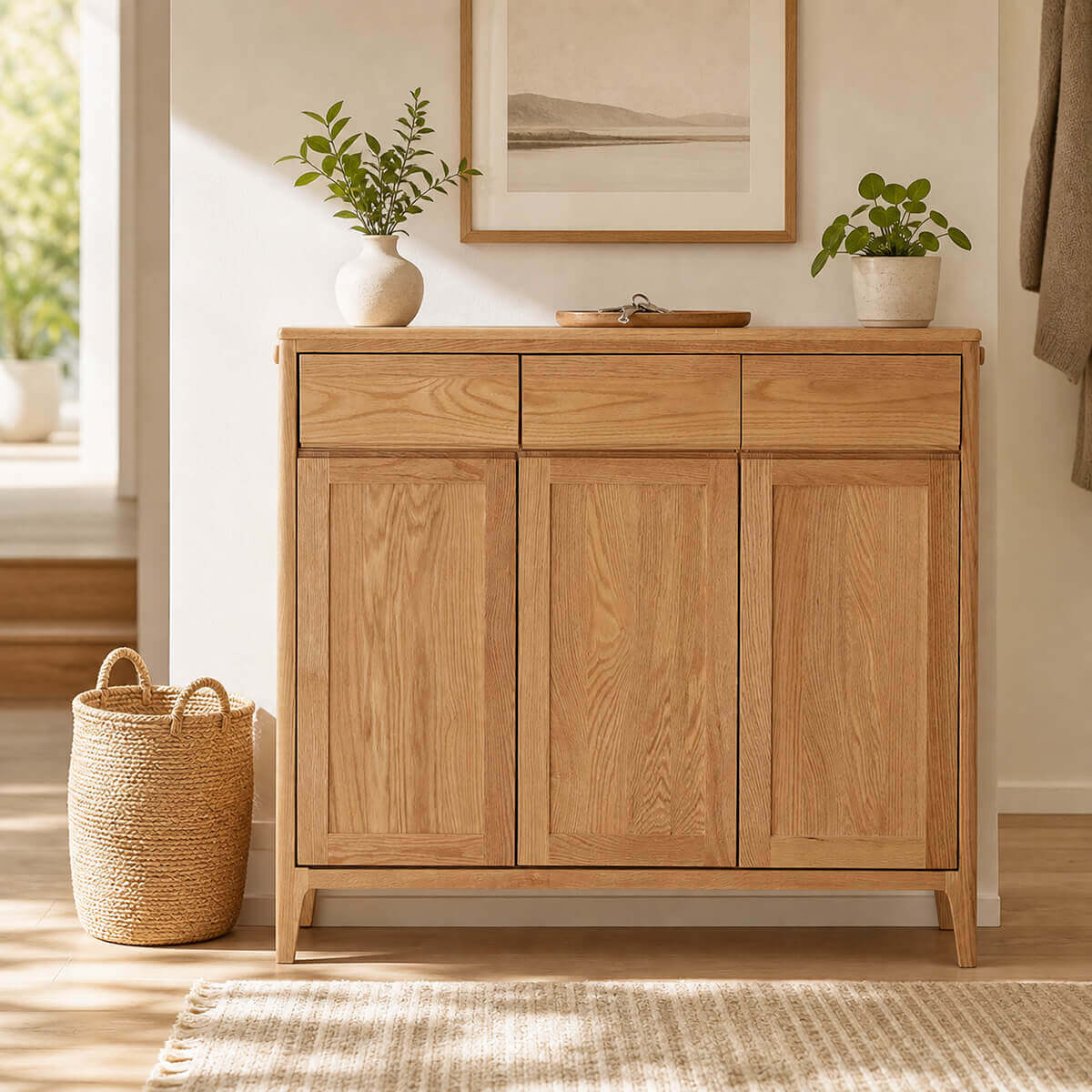 Gamo solid oak shoe cabinet in a bright modern entryway