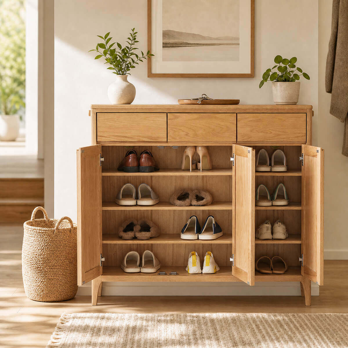 Gamo solid oak shoe cabinet with three doors open showing spacious shoe storage