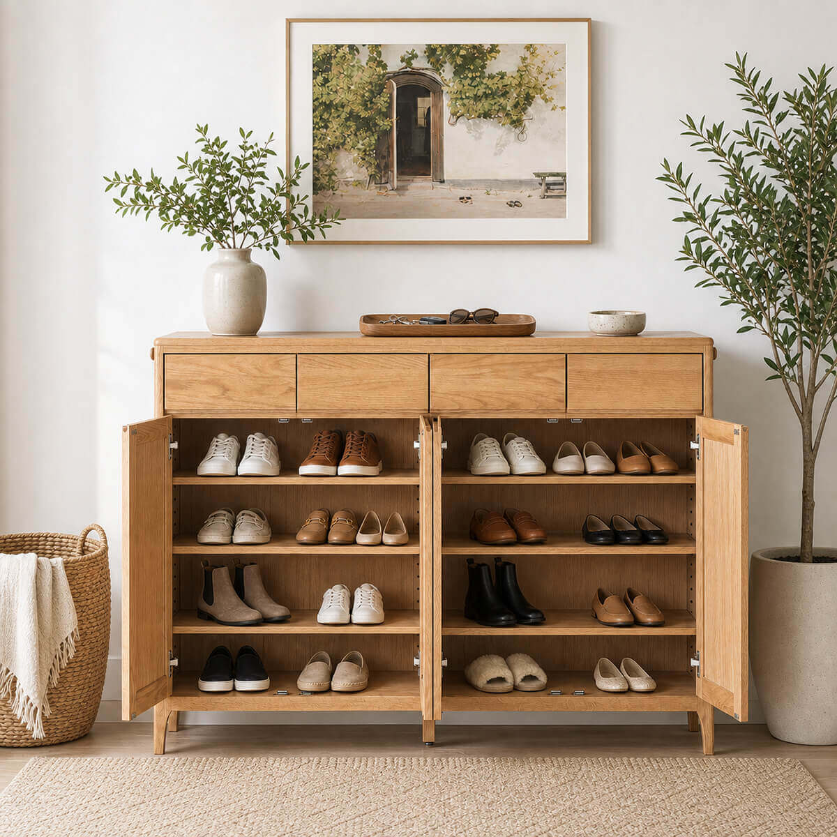 Gamo solid oak shoe cabinet with four doors open showing spacious shoe storage