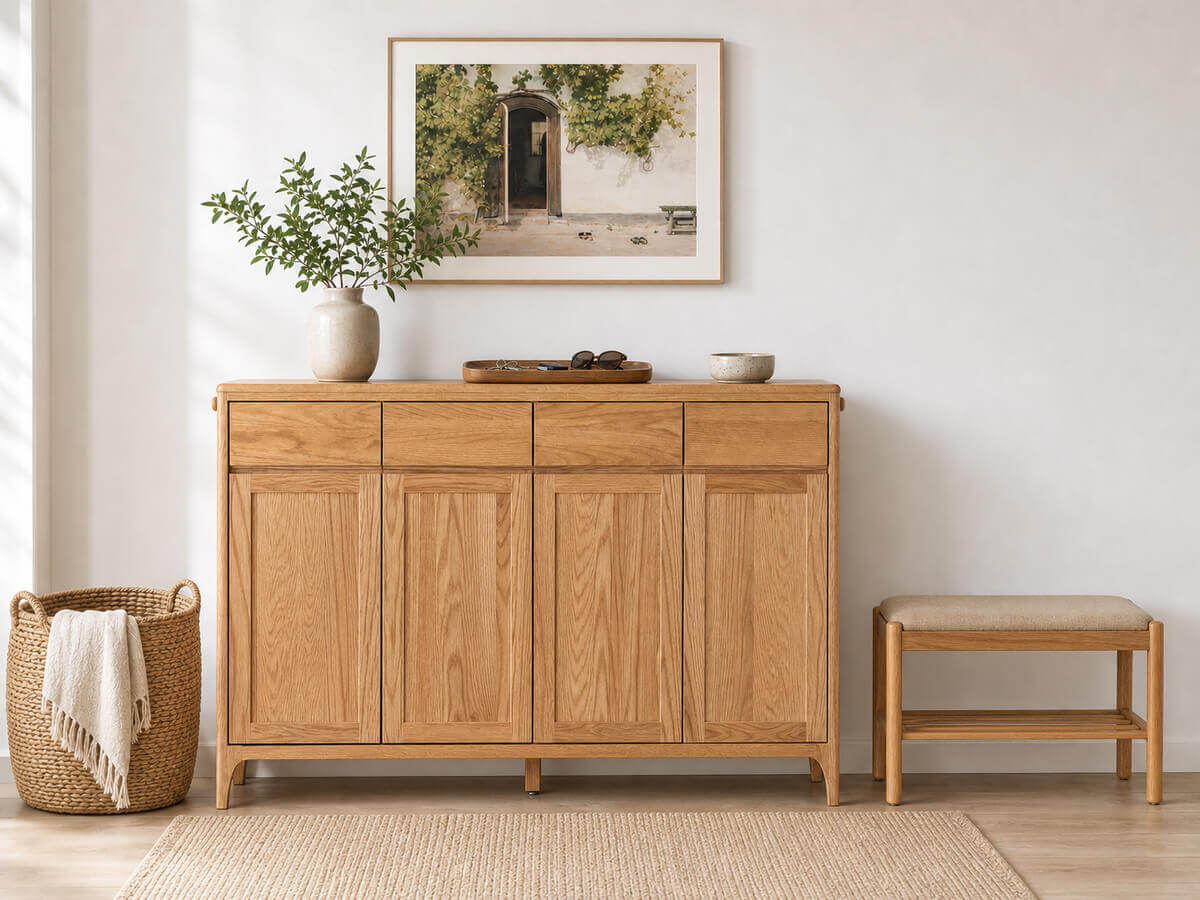 Gamo solid oak shoe cabinet paired with a matching oak shoe bench