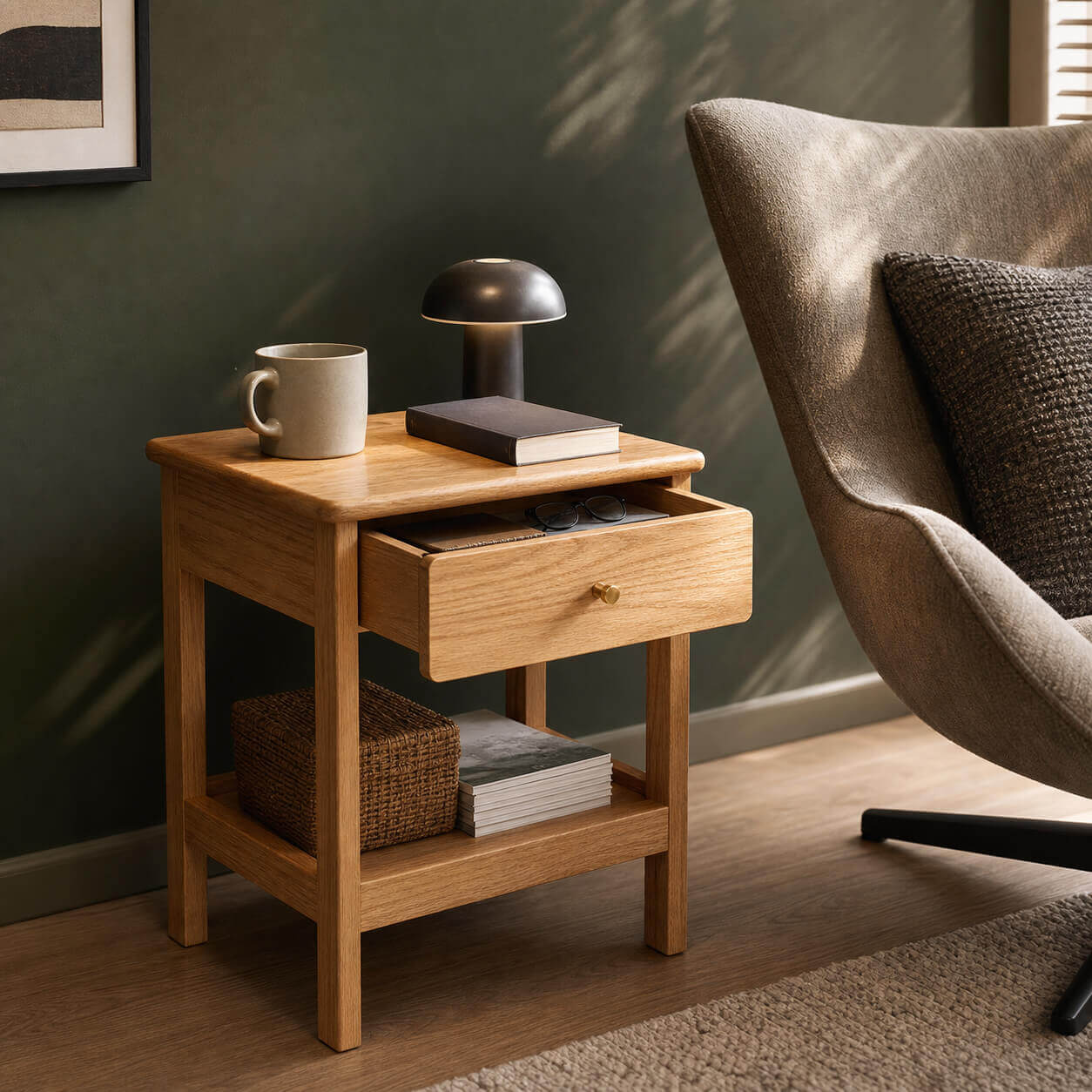 Gamo solid oak side table in a modern reading corner