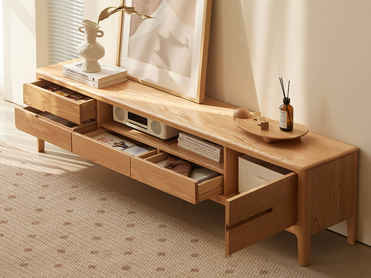 Gamo Solid Oak TV Unit with drawers and open storage compartments