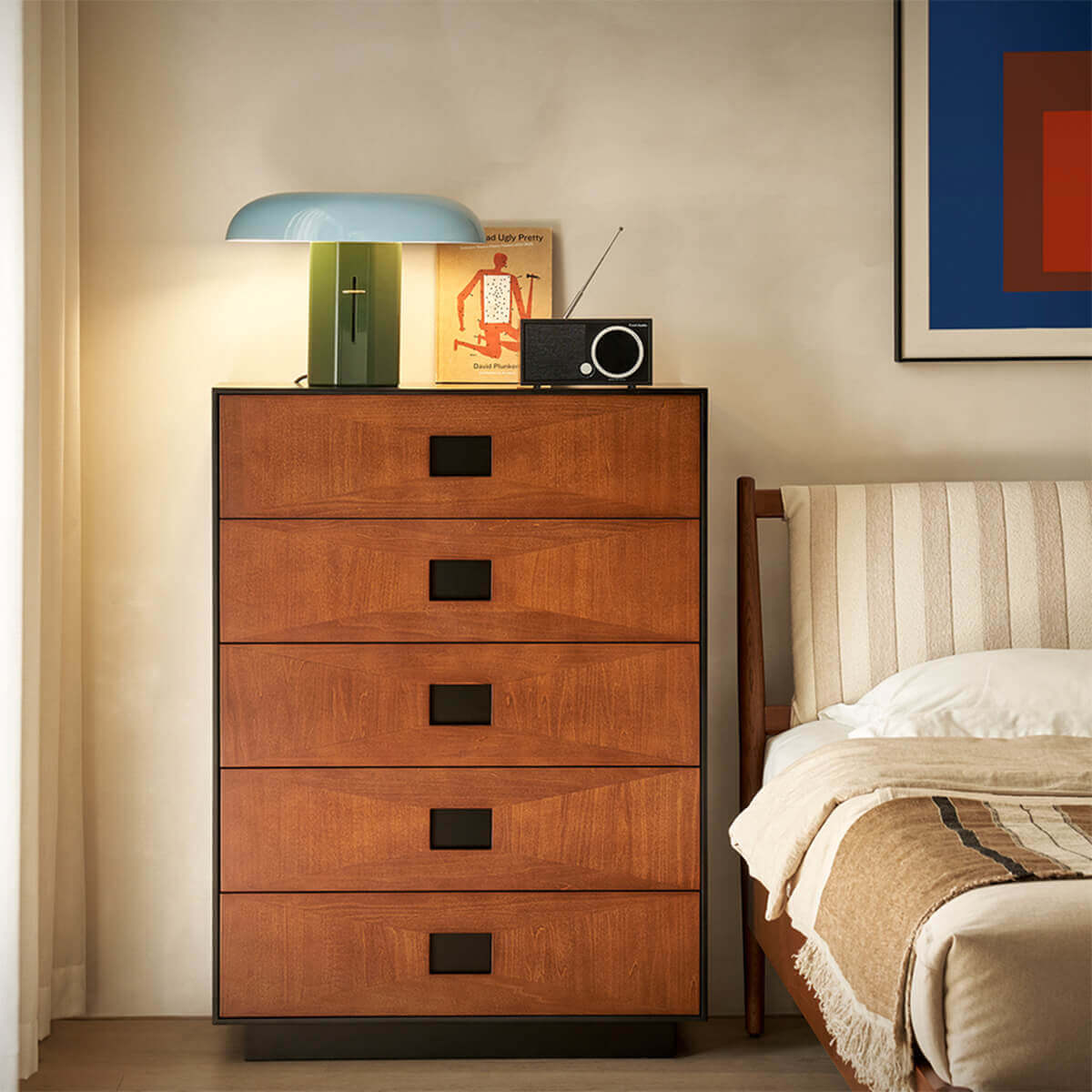 Gentle 5 Drawer Chest of Drawers used as bedroom storage