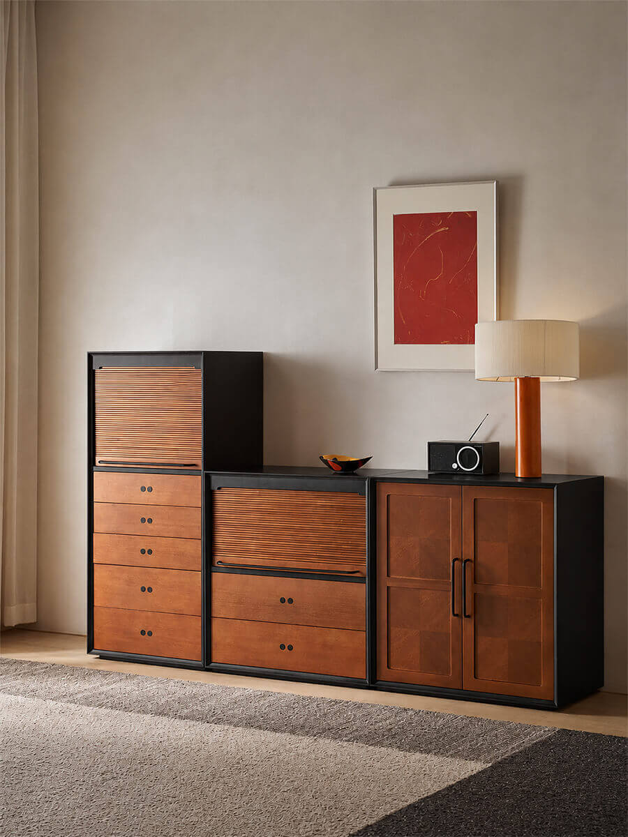 Gentle black modular storage cabinet combination in a contemporary living room