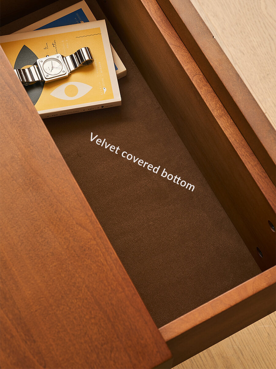 Velvet-lined drawer interior of the Gentle Chest of Drawers