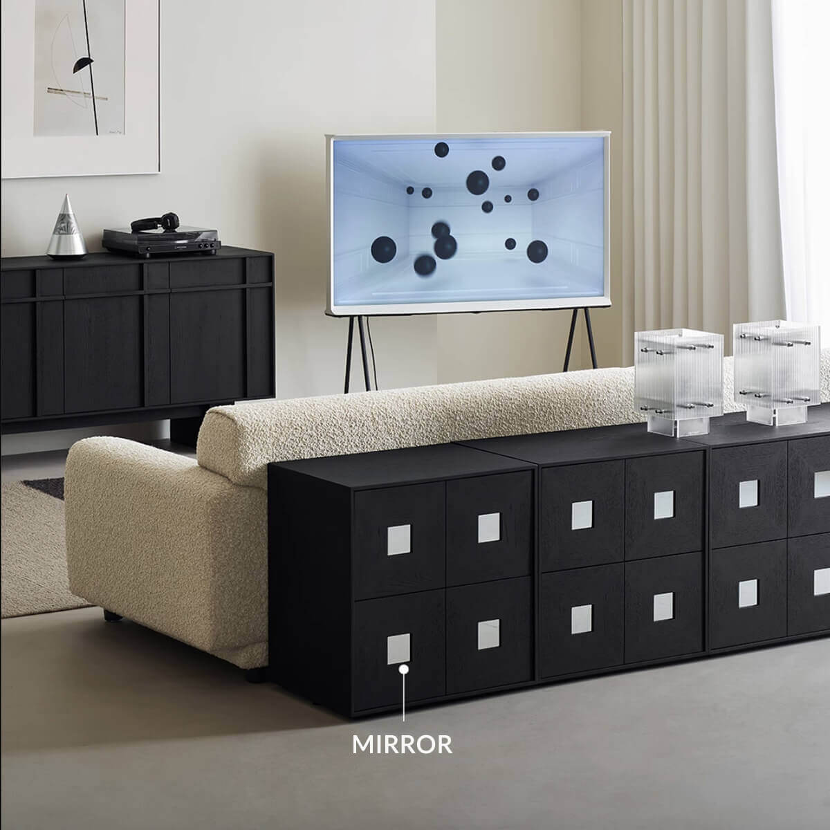 Black Gentle Modular Cabinet used as a modern storage cabinet