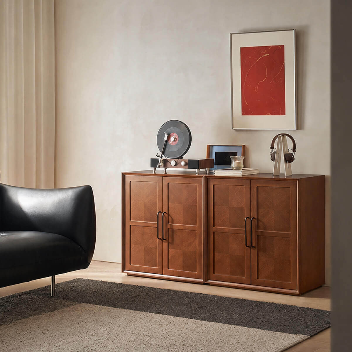Gentle modular storage cabinet combination in a contemporary living room