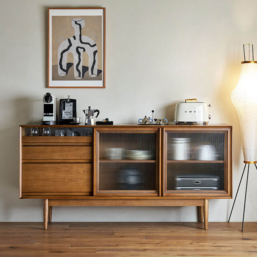Gentle Reeded Glass Sideboard with sliding glass doors and drawers