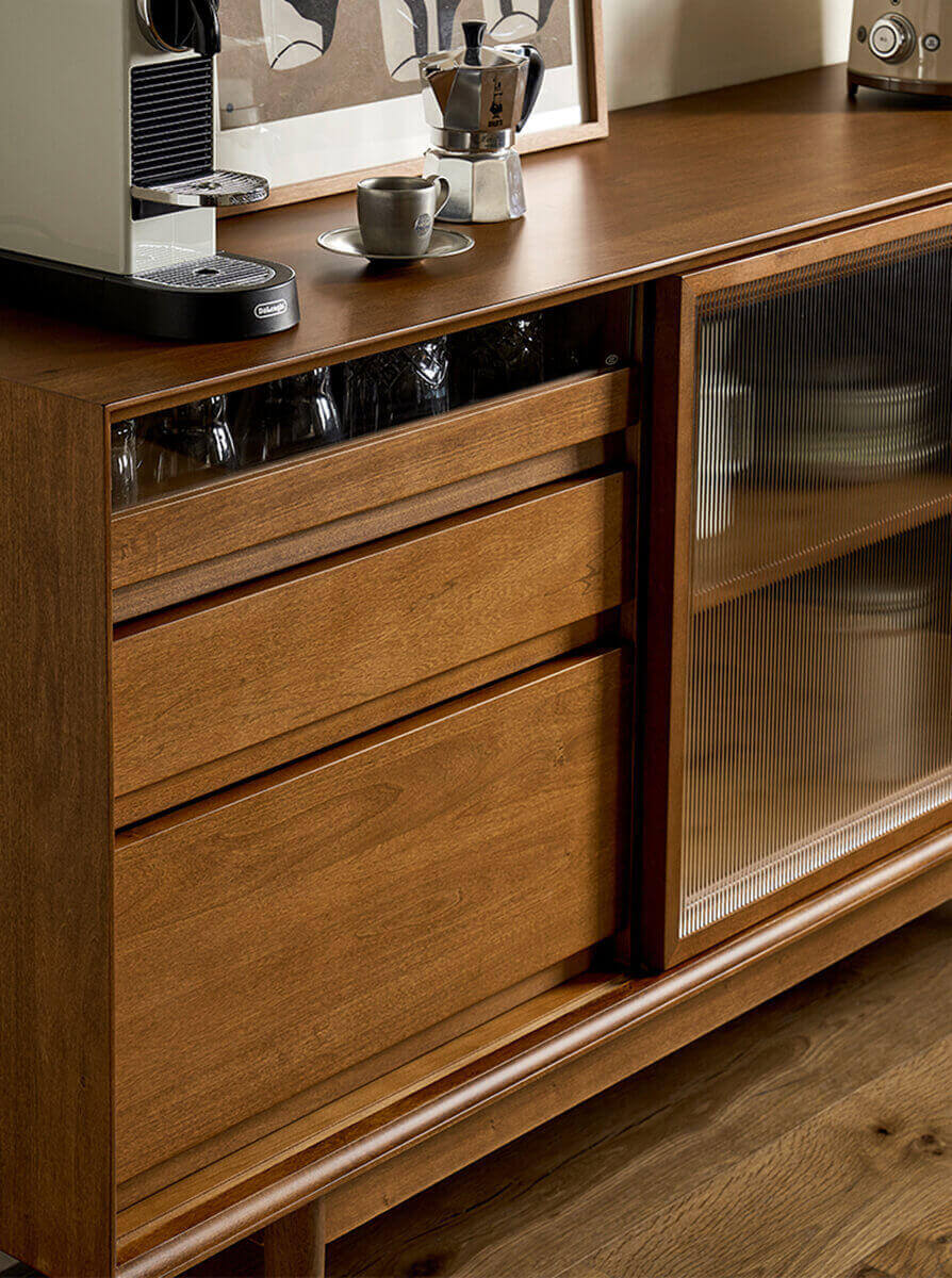 Reeded glass sliding door detail on Gentle Sideboard