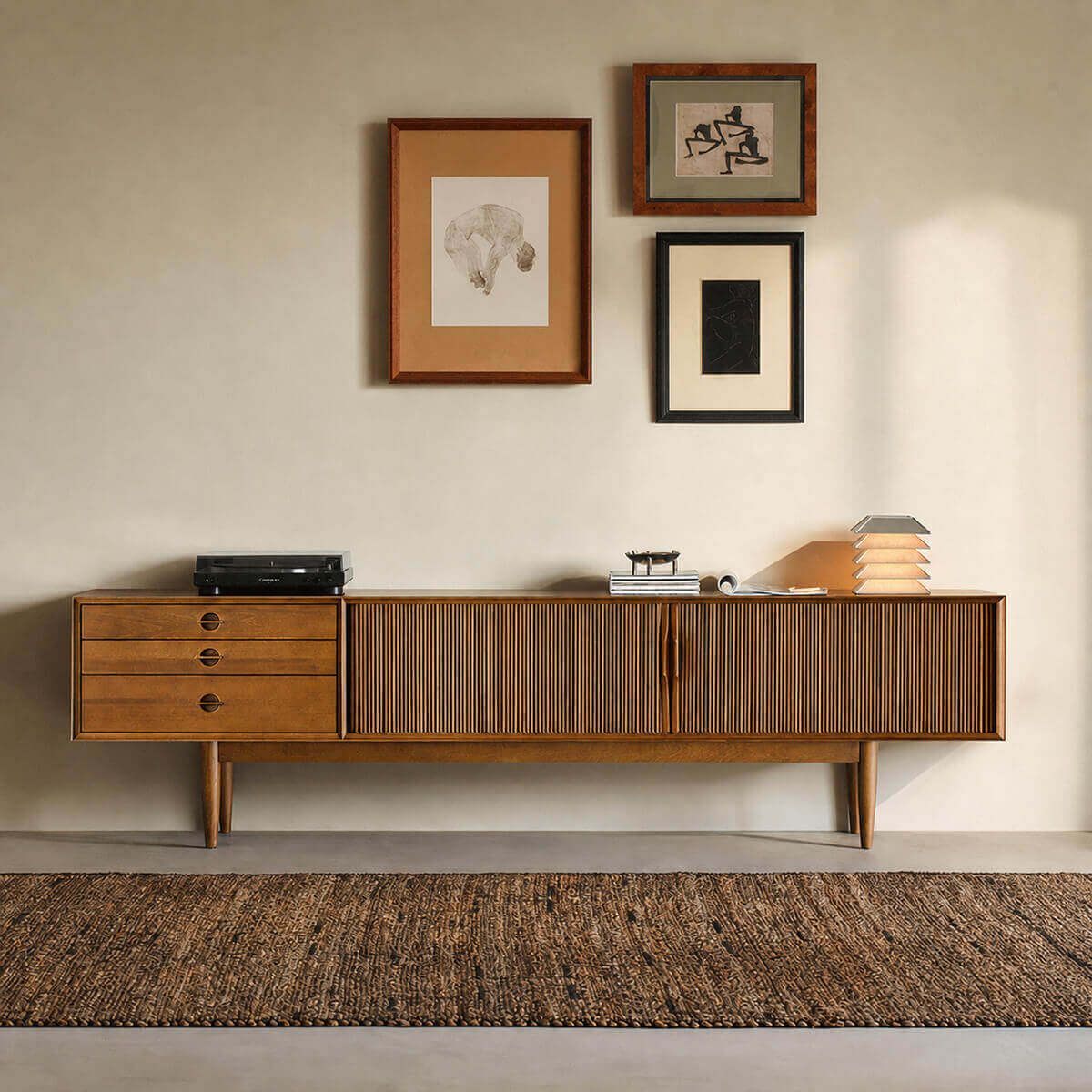 Gentle Tambour TV Unit with timber legs in natural finish
