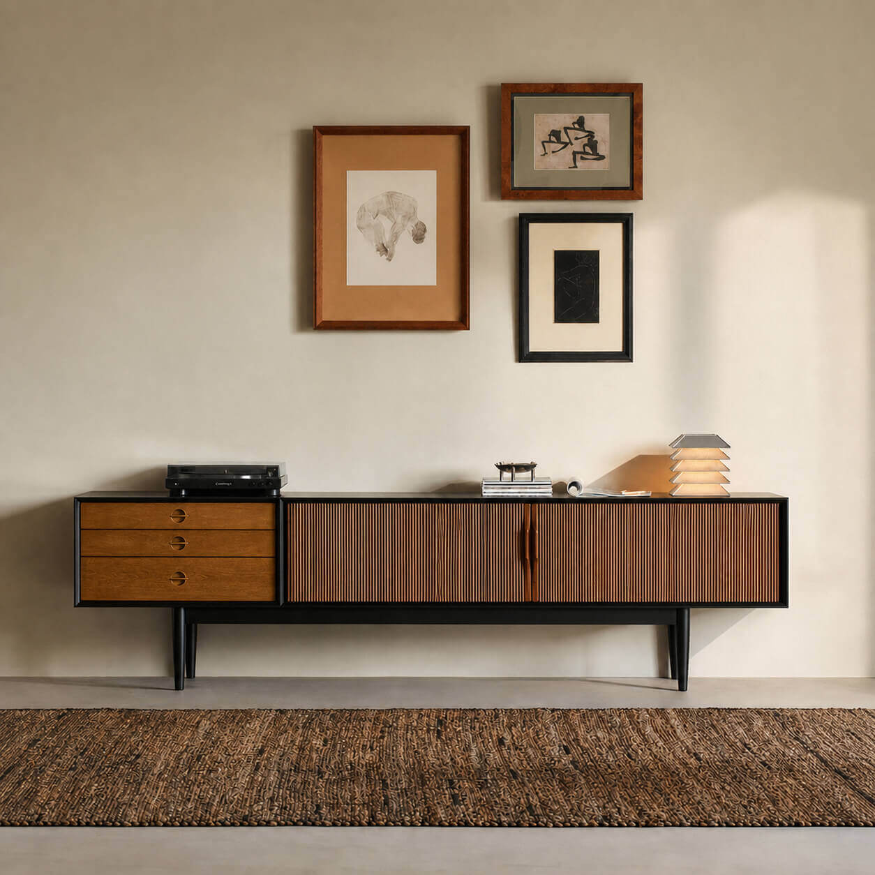 Gentle Tambour TV Unit with timber legs in two-tone finish
