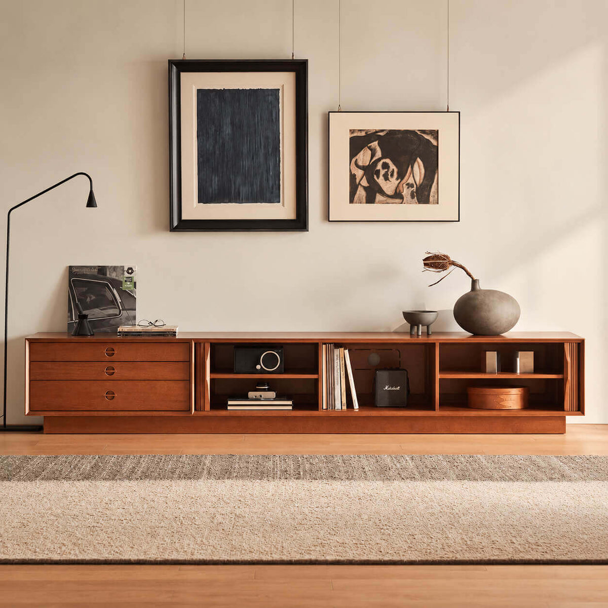 Gentle Tambour TV Unit with open storage in natural finish