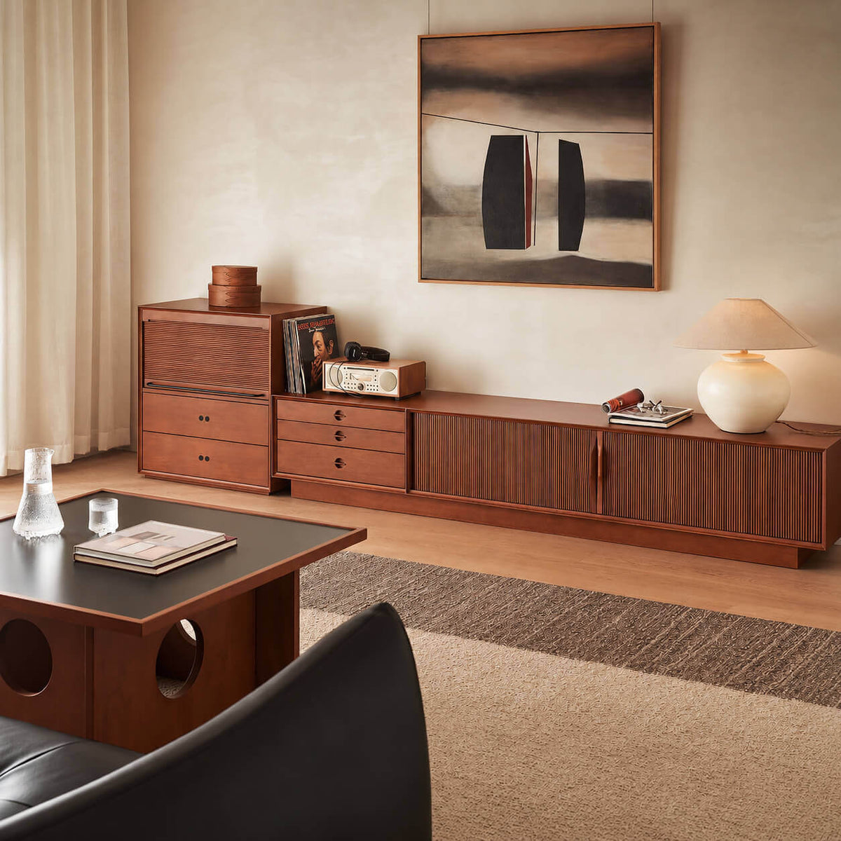 Gentle Tambour TV Unit with plinth base in natural finish