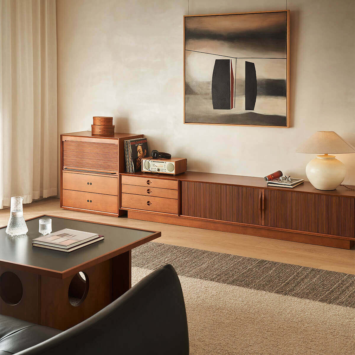 Gentle Tambour TV Unit with plinth base in natural finish