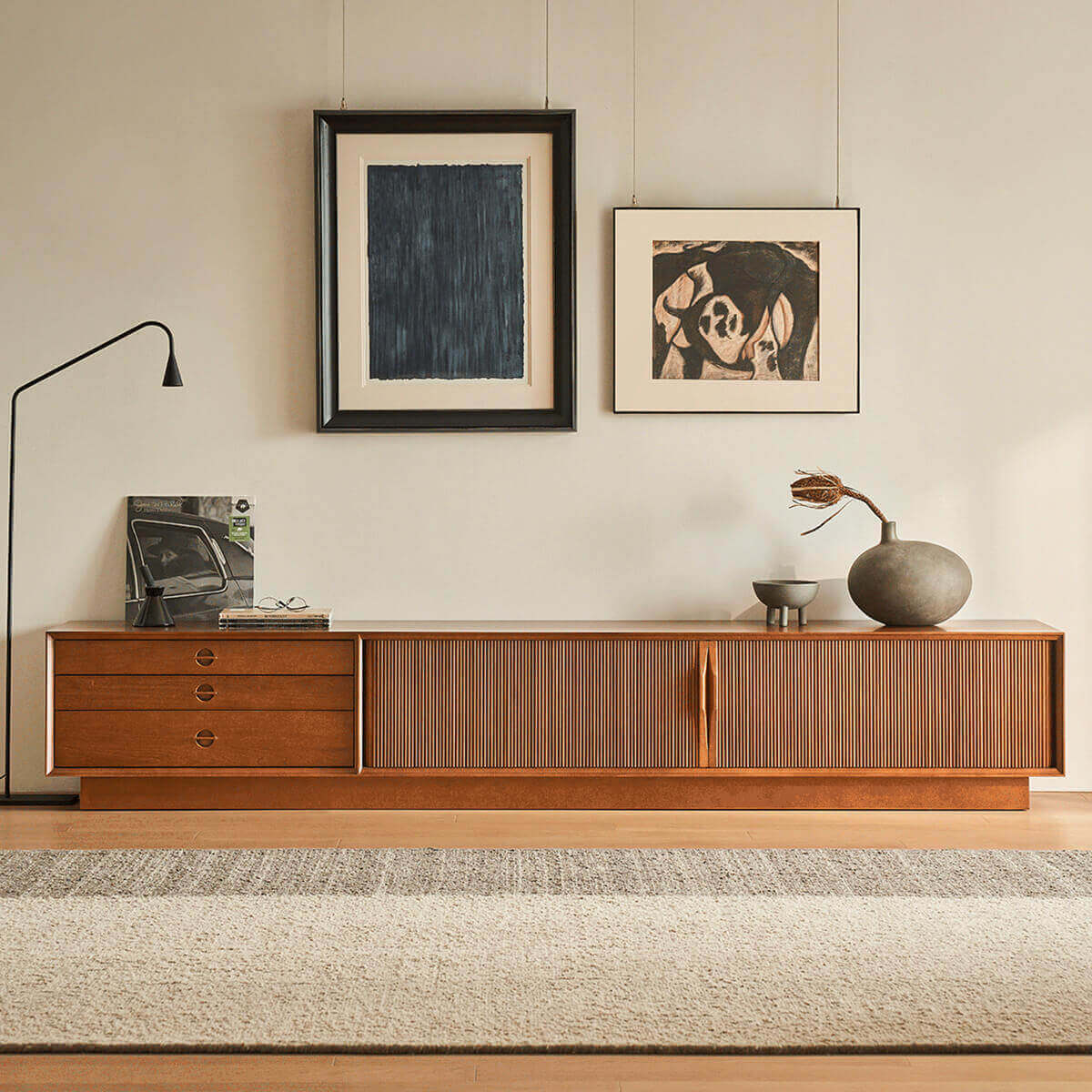 Gentle Tambour TV Unit with plinth base in natural finish