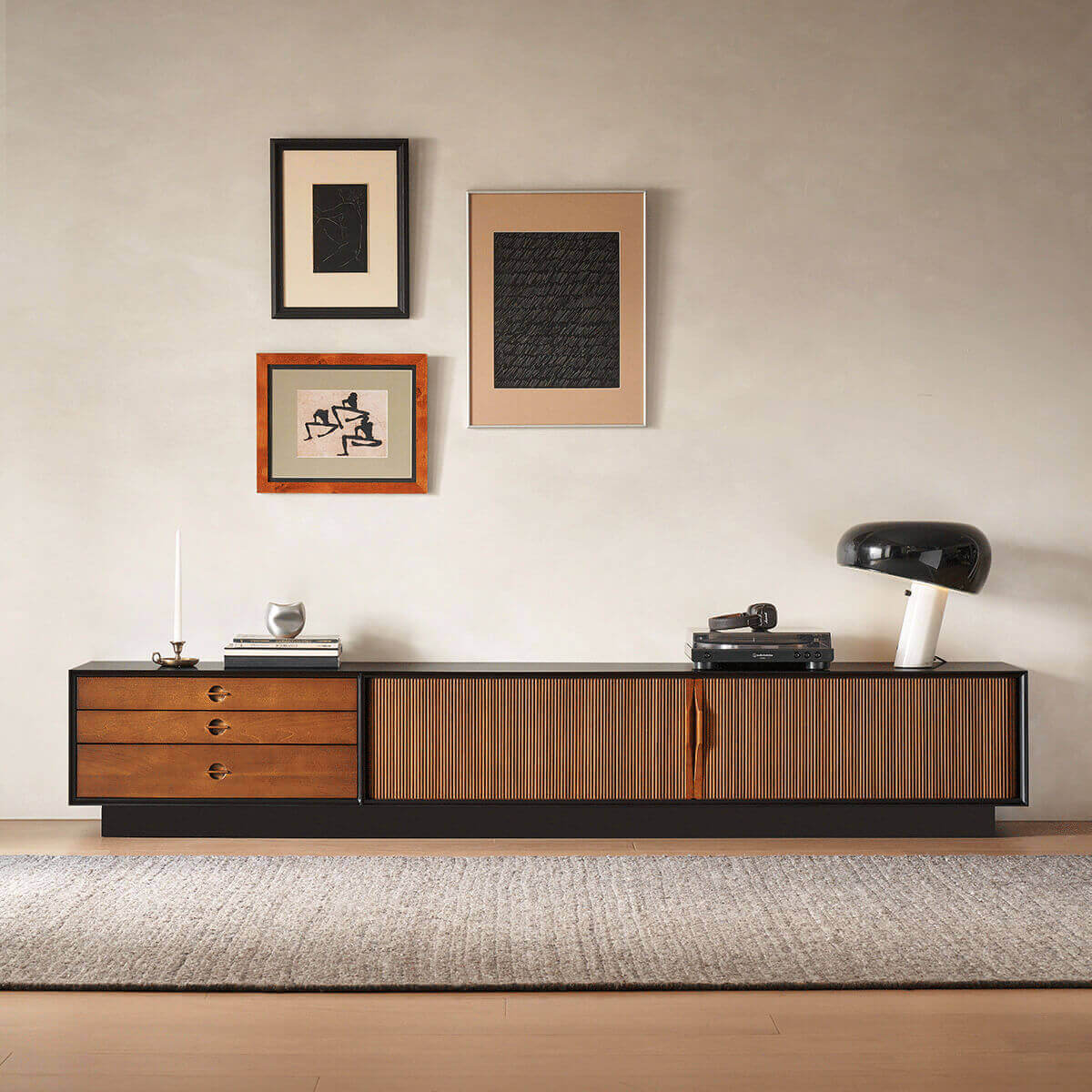 Gentle Tambour TV Unit with plinth base in two-tone finish