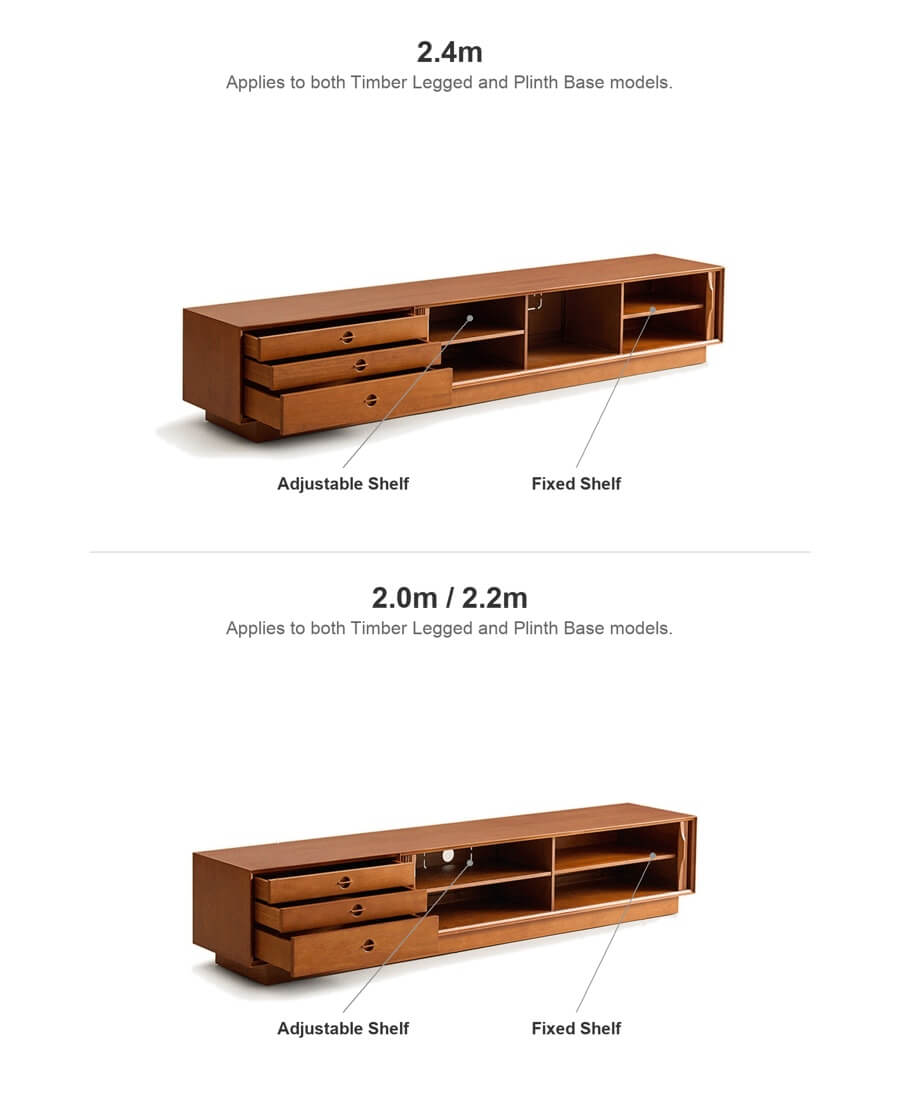 Storage layout with adjustable and fixed shelves in the Gentle Tambour TV Unit