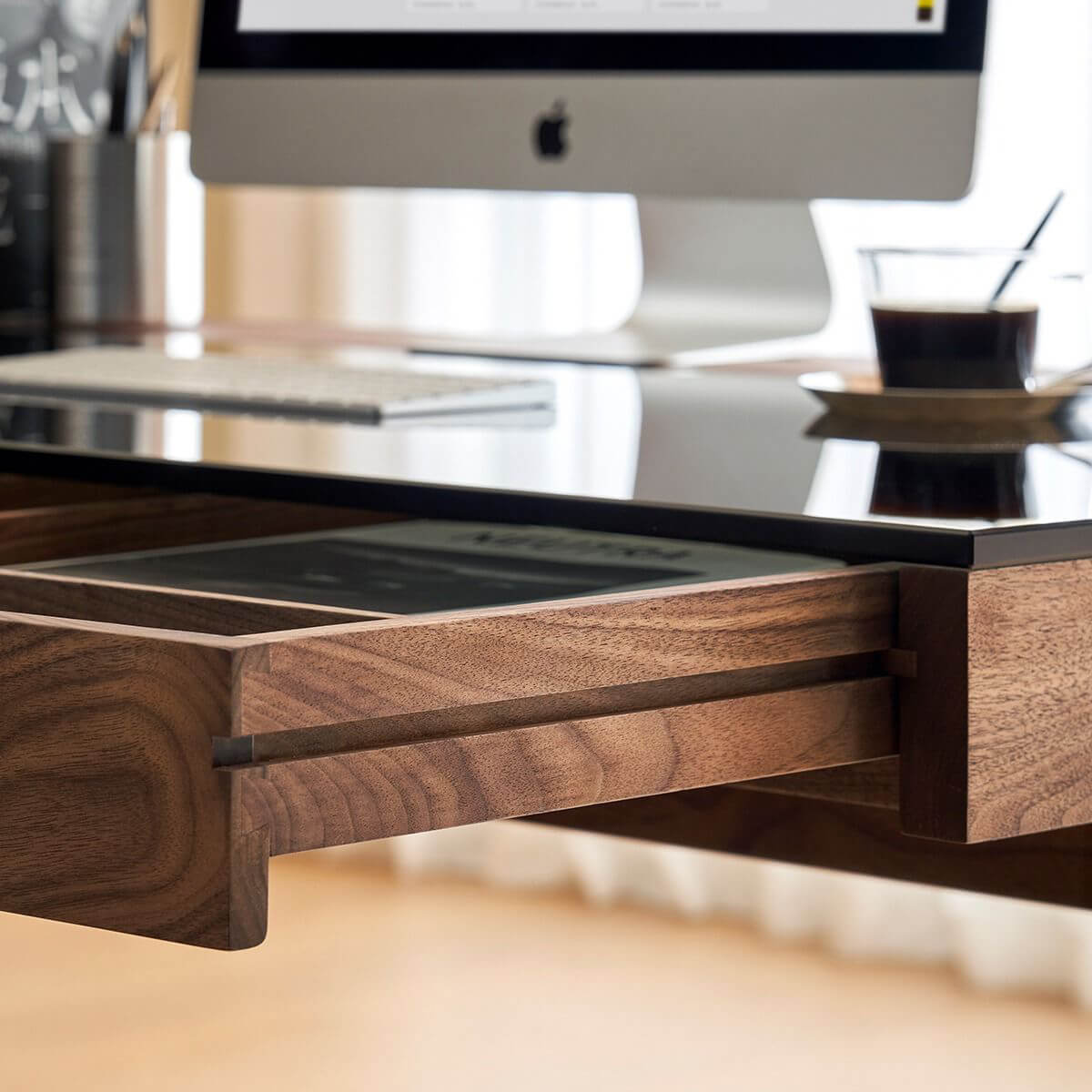 Drawer construction detail on Glenn solid walnut desk