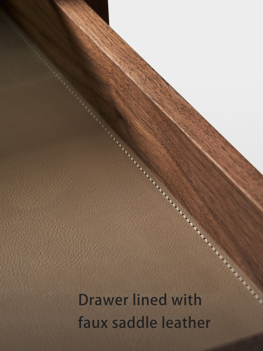 Leather-lined drawer detail on Glenn solid walnut desk