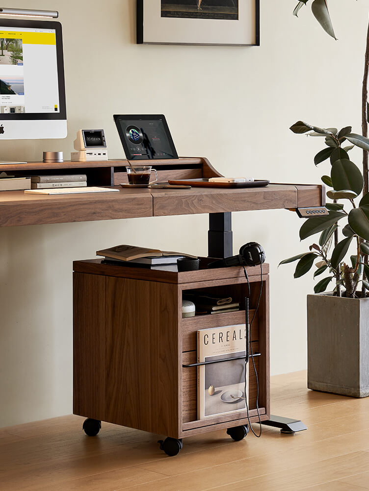 Glenn walnut storage pedestal used beside a home office desk
