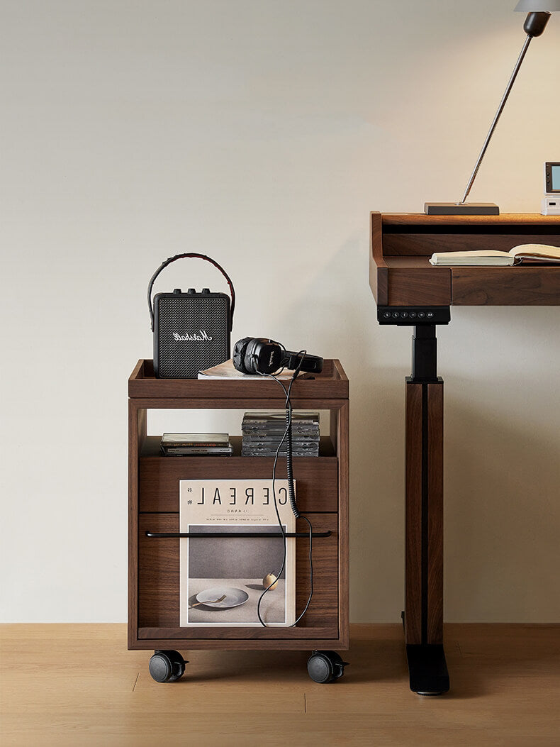 Glenn walnut storage pedestal in a modern living space