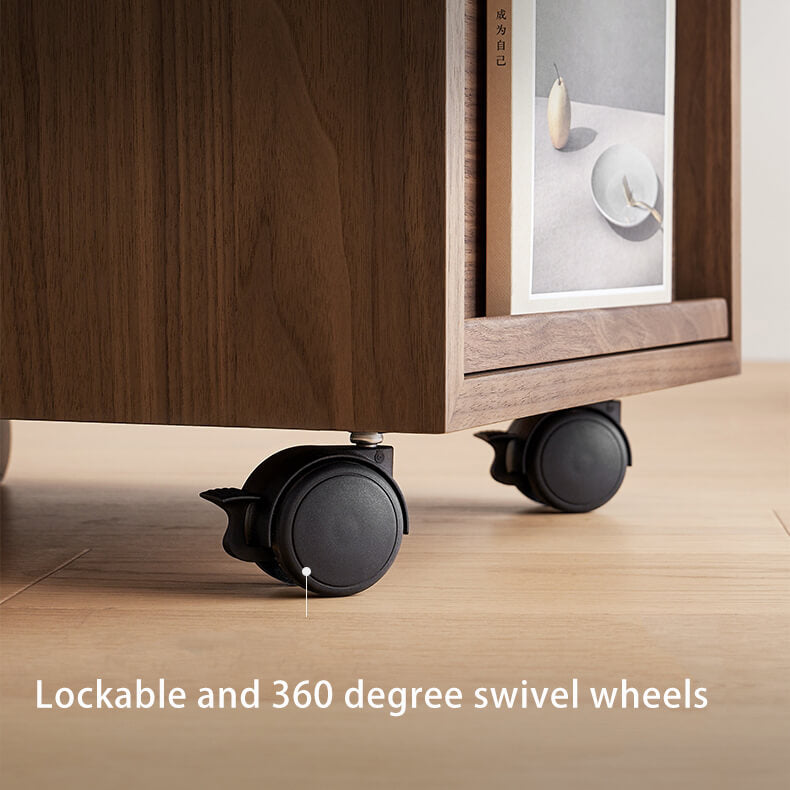 Lockable 360-degree swivel castors on the Glenn walnut storage pedestal