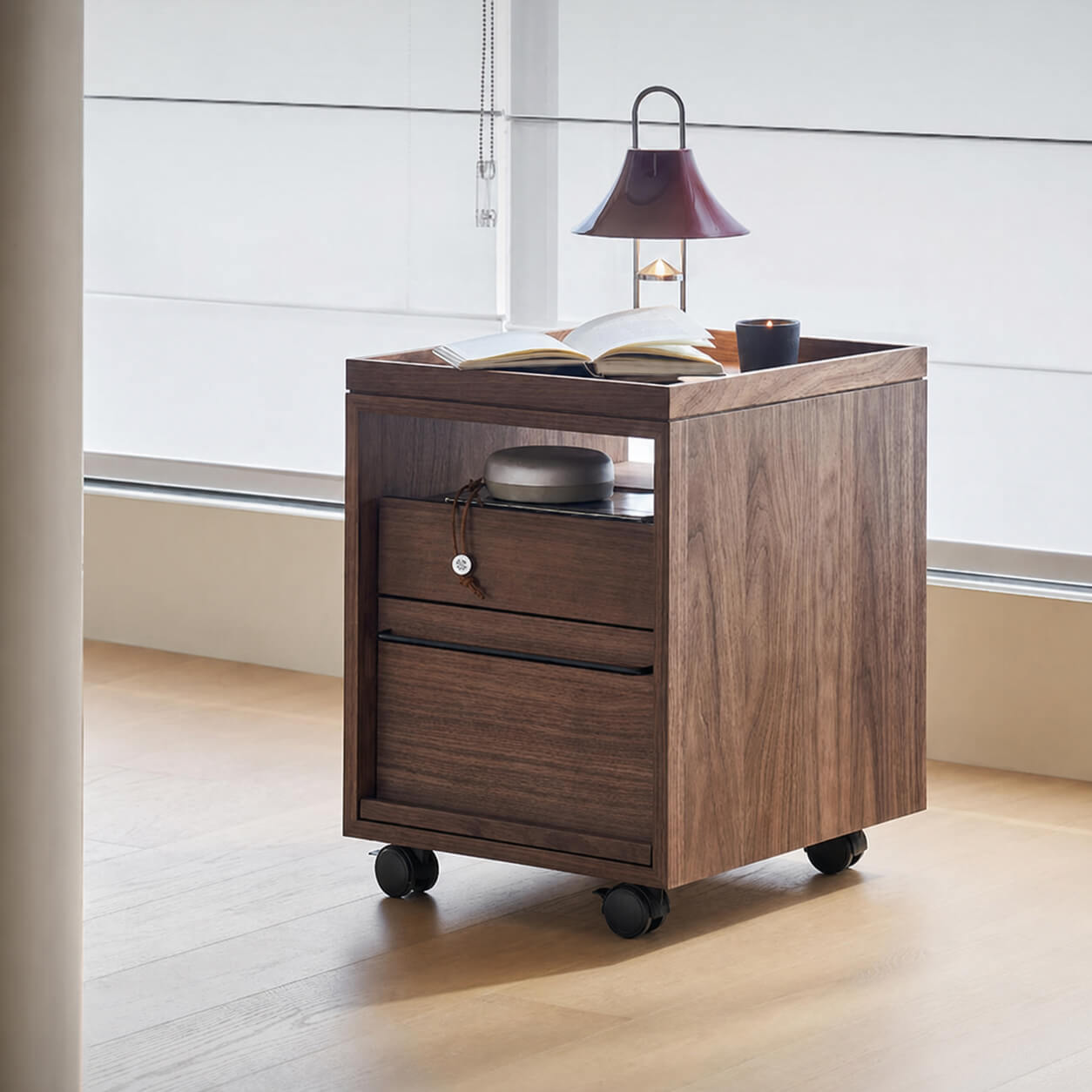 Glenn walnut storage pedestal with tray top, drawers and open shelf