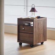 Glenn walnut storage pedestal with tray top, drawers and open shelf