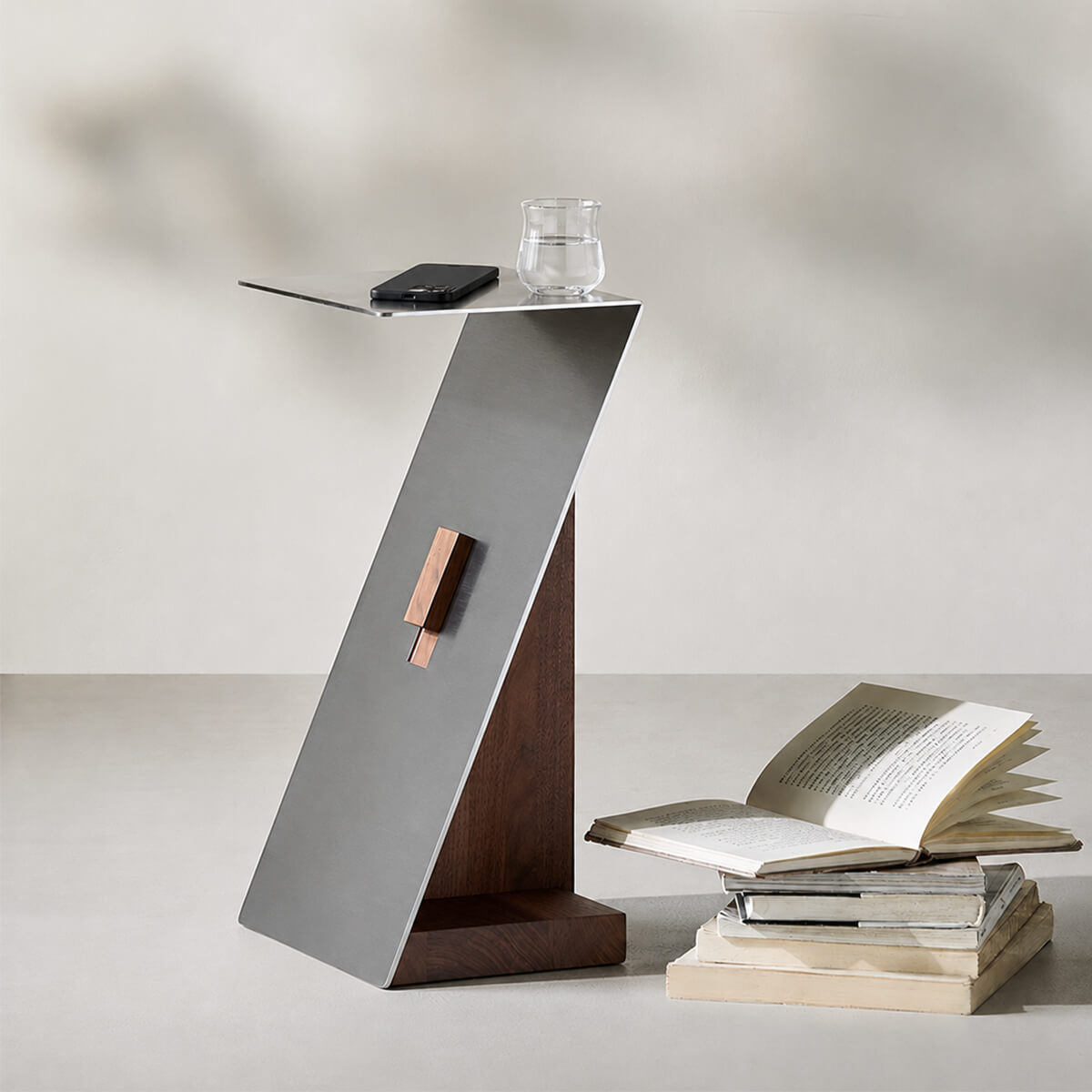 Graham side table with a solid timber base and brushed stainless steel frame.