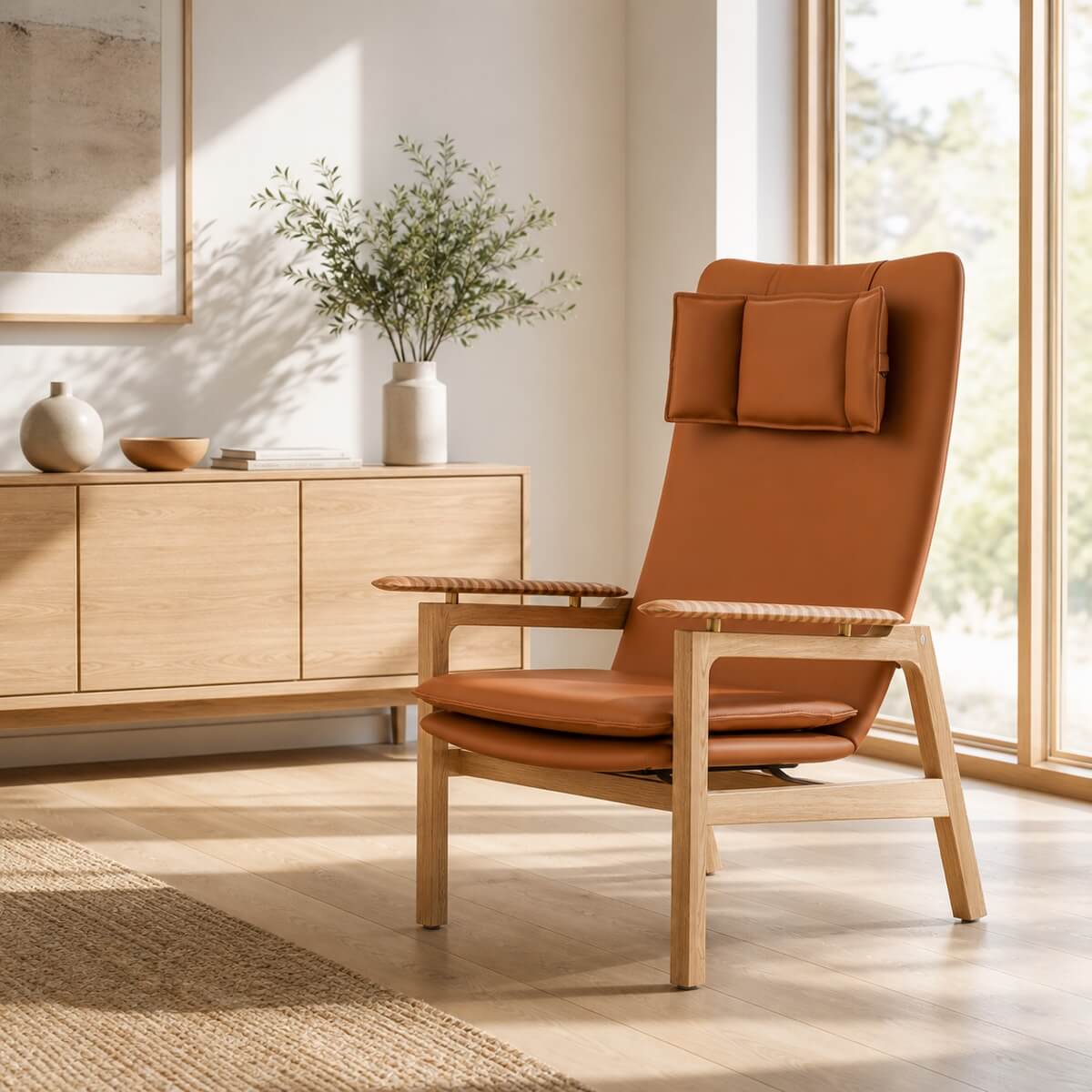 Grant leather armchair with high-back design and solid ash timber frame