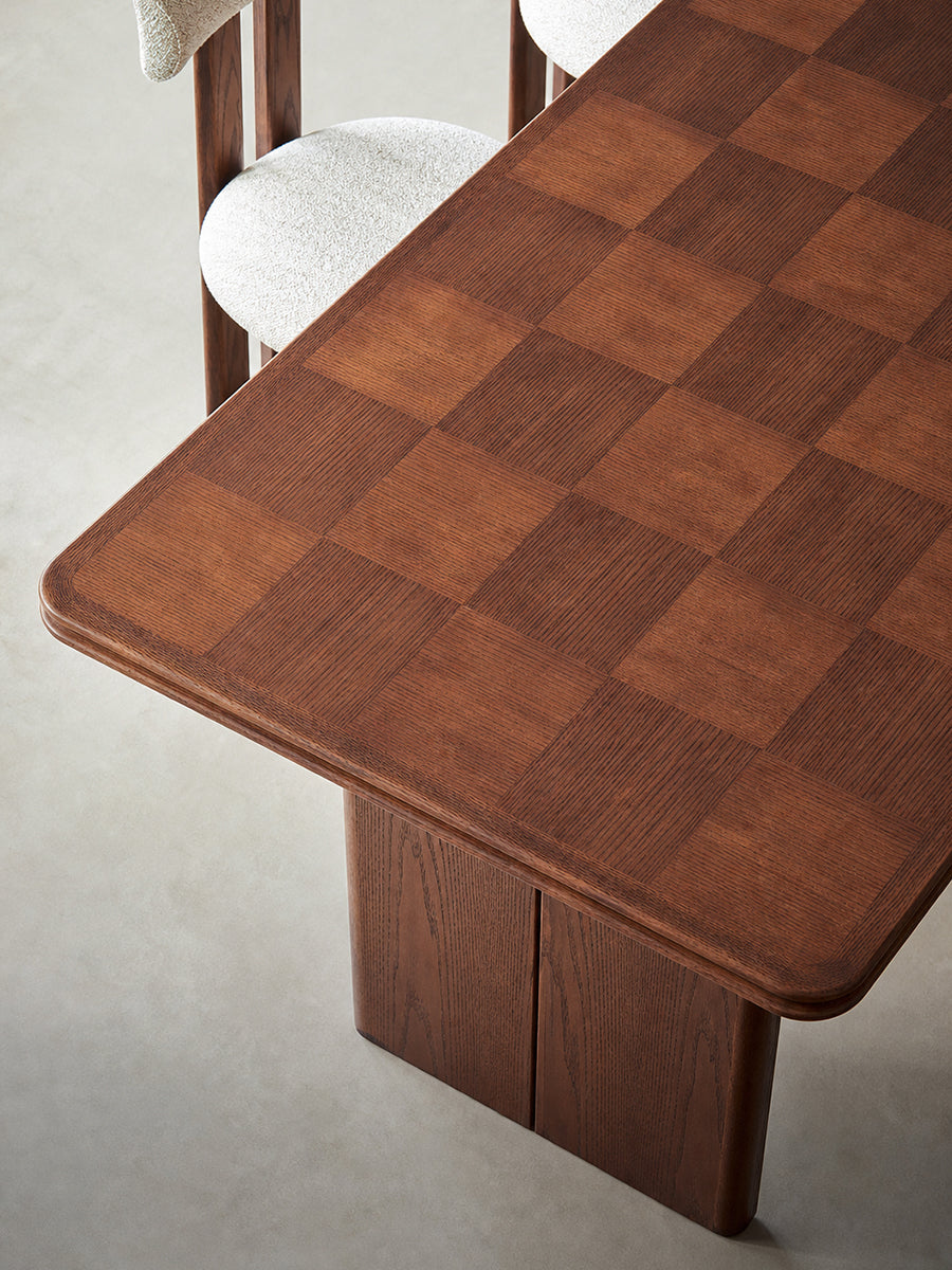 Close-up of Grid dining table checkerboard oak veneer tabletop