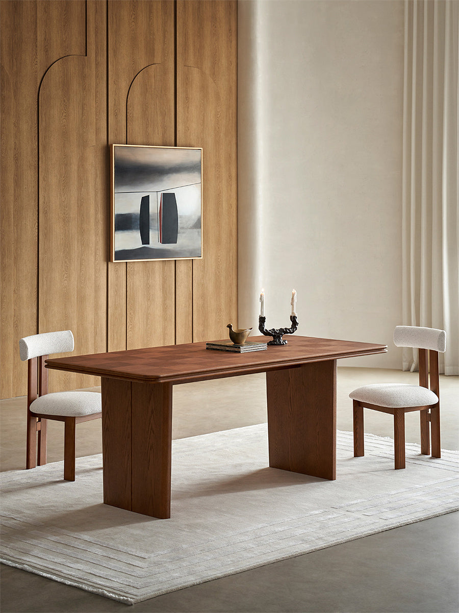 Grid checker dining table styled in a contemporary dining room