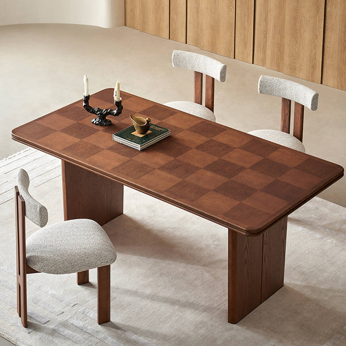 Grid checker dining table with oak veneer checkerboard tabletop and upholstered dining chairs