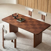 Grid checker dining table with oak veneer checkerboard tabletop and upholstered dining chairs