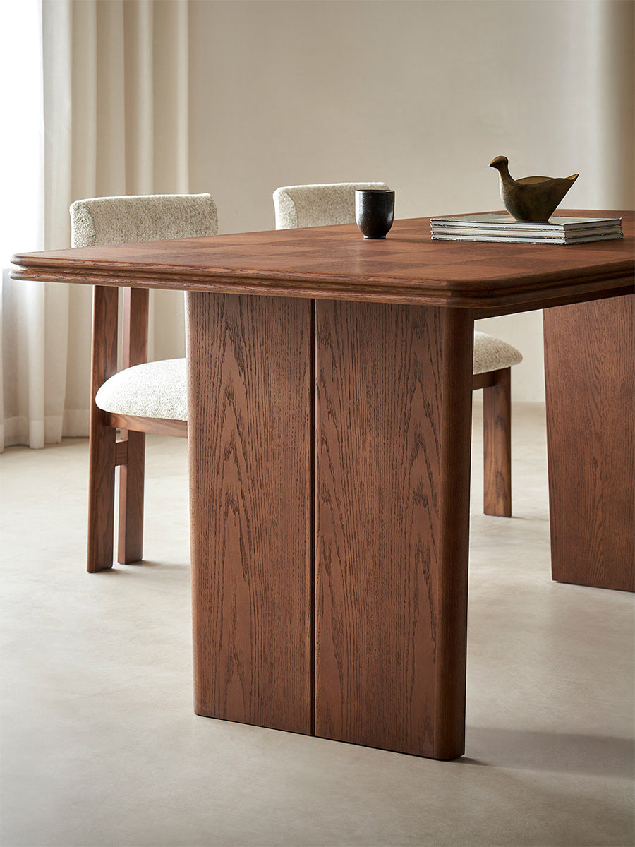 Grid dining table trapezoid leg detail in oak veneer finish