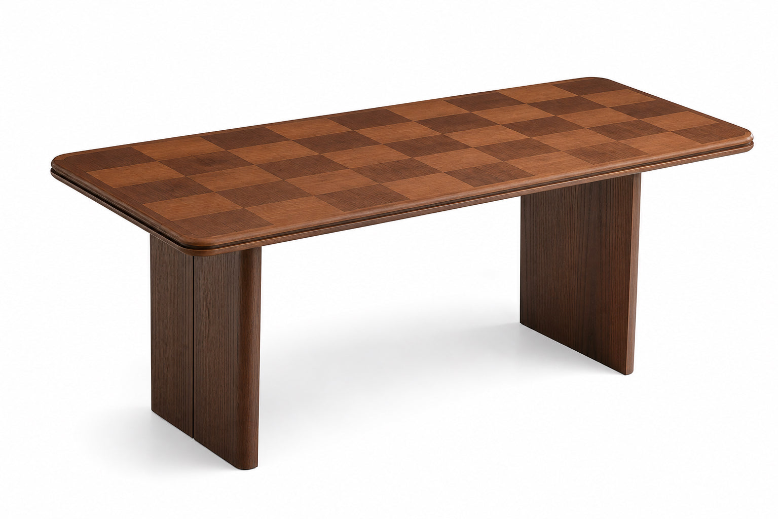 Grid checker dining table with oak veneer tabletop and trapezoid legs