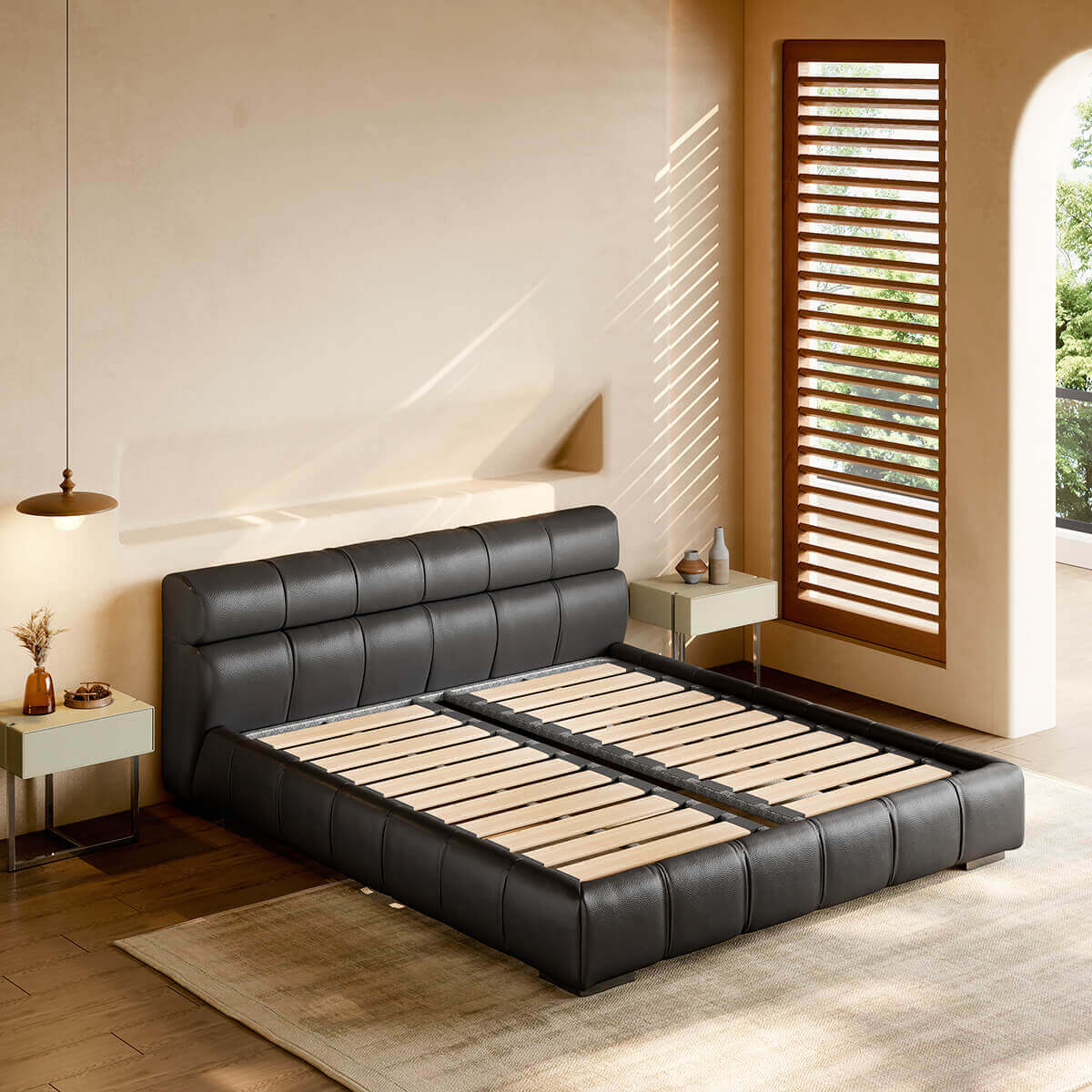 Hamar Leather Bed Frame with larch wood slat system