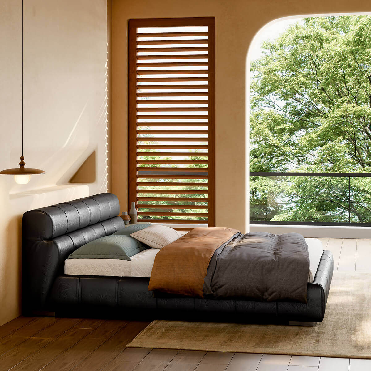 Hamar Leather Bed Frame side view with padded headboard and footboard