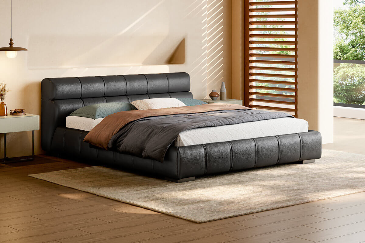 Hamar Top-Grain Leather Bed Frame in a bedroom setting