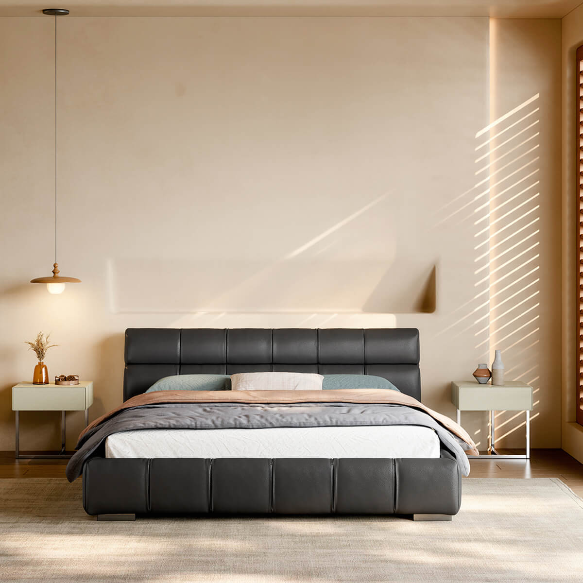 Hamar Top-Grain Leather Bed Frame front view with segmented padded headboard