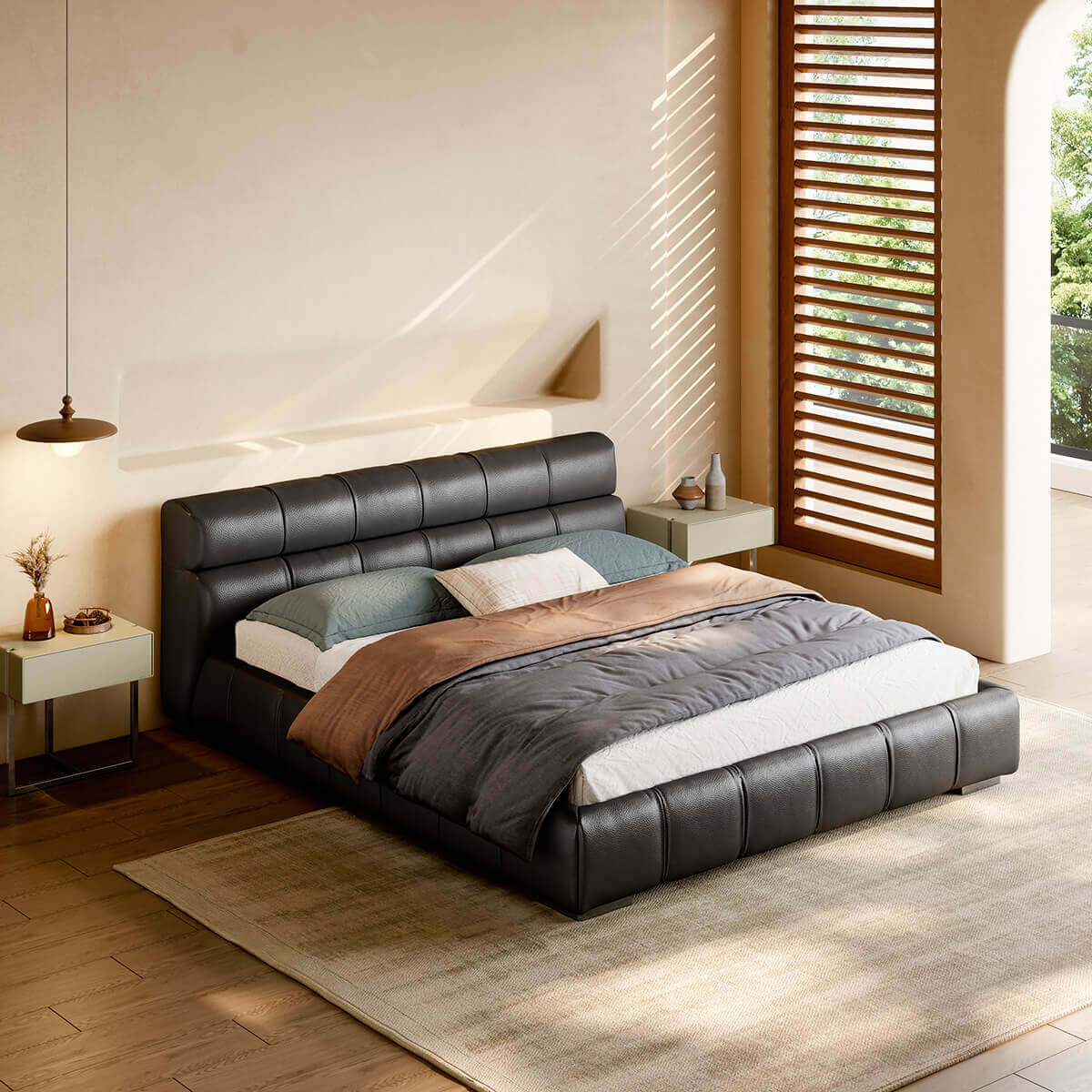 Hamar Top-Grain Leather Bed Frame with segmented padded headboard