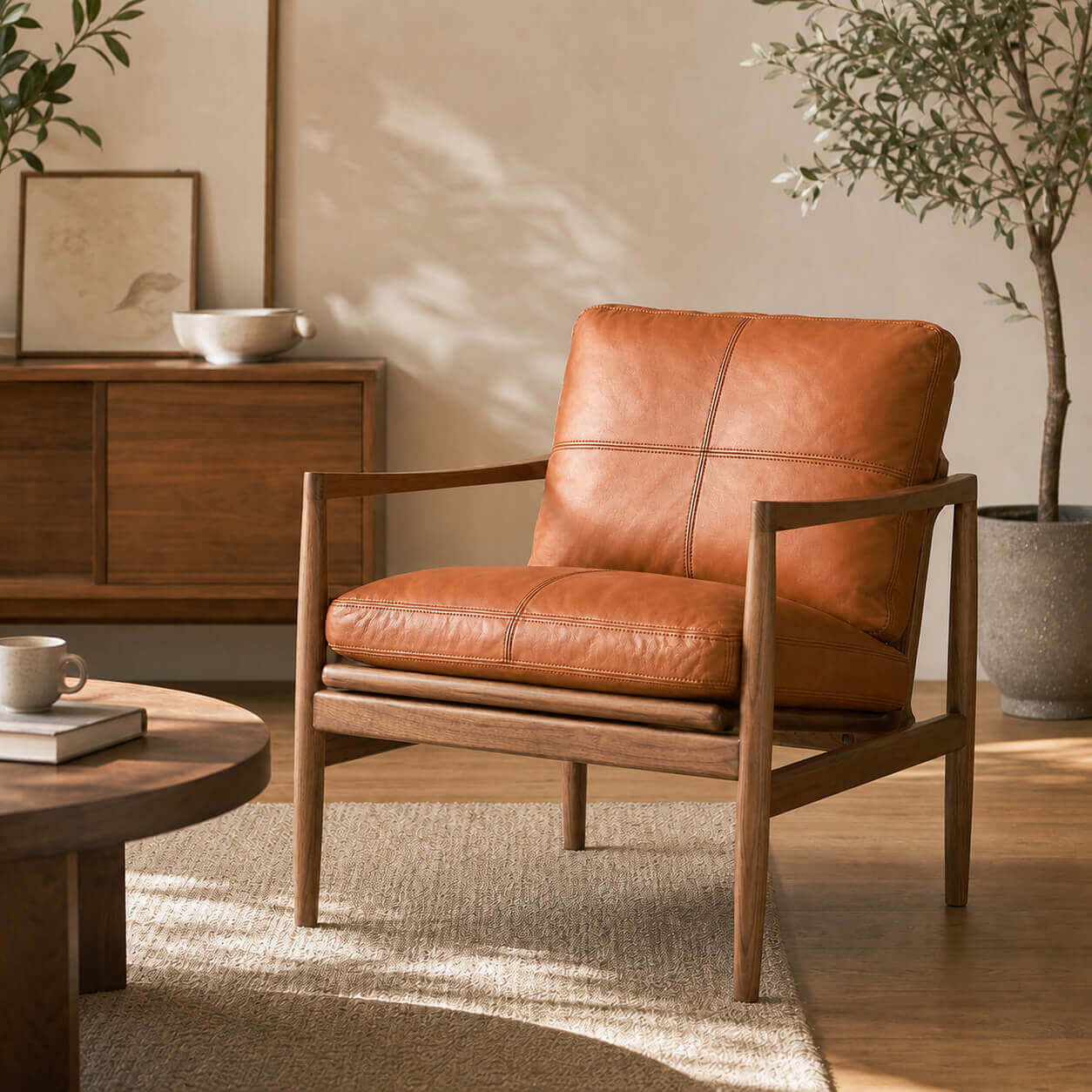 Hank brown leather armchair with solid timber frame