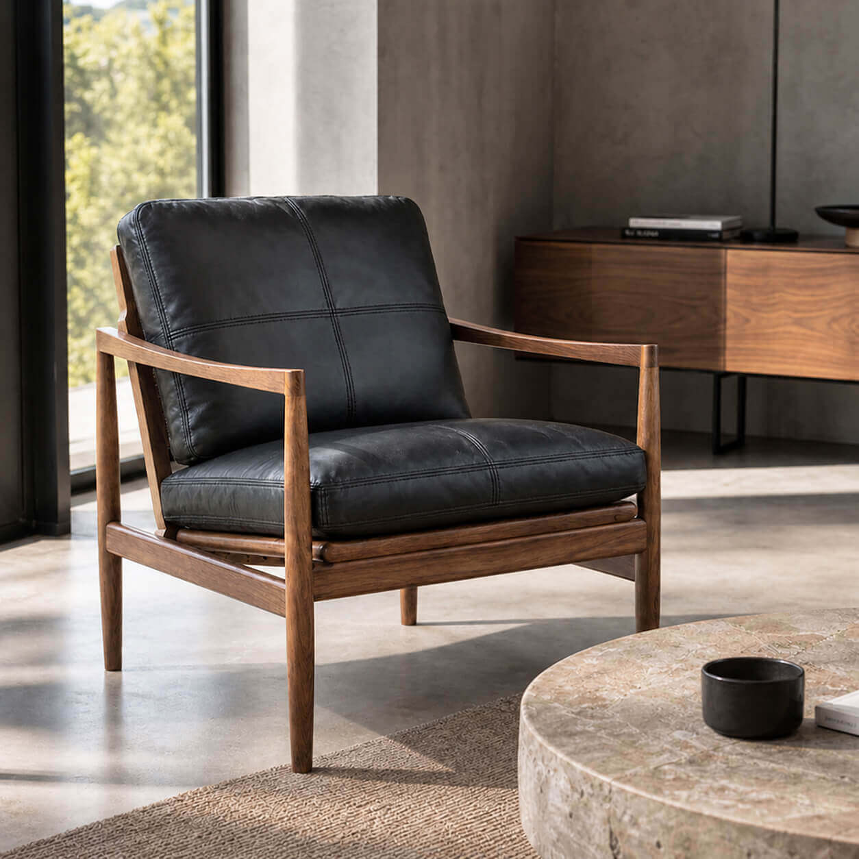 Hank black leather armchair with solid wood frame