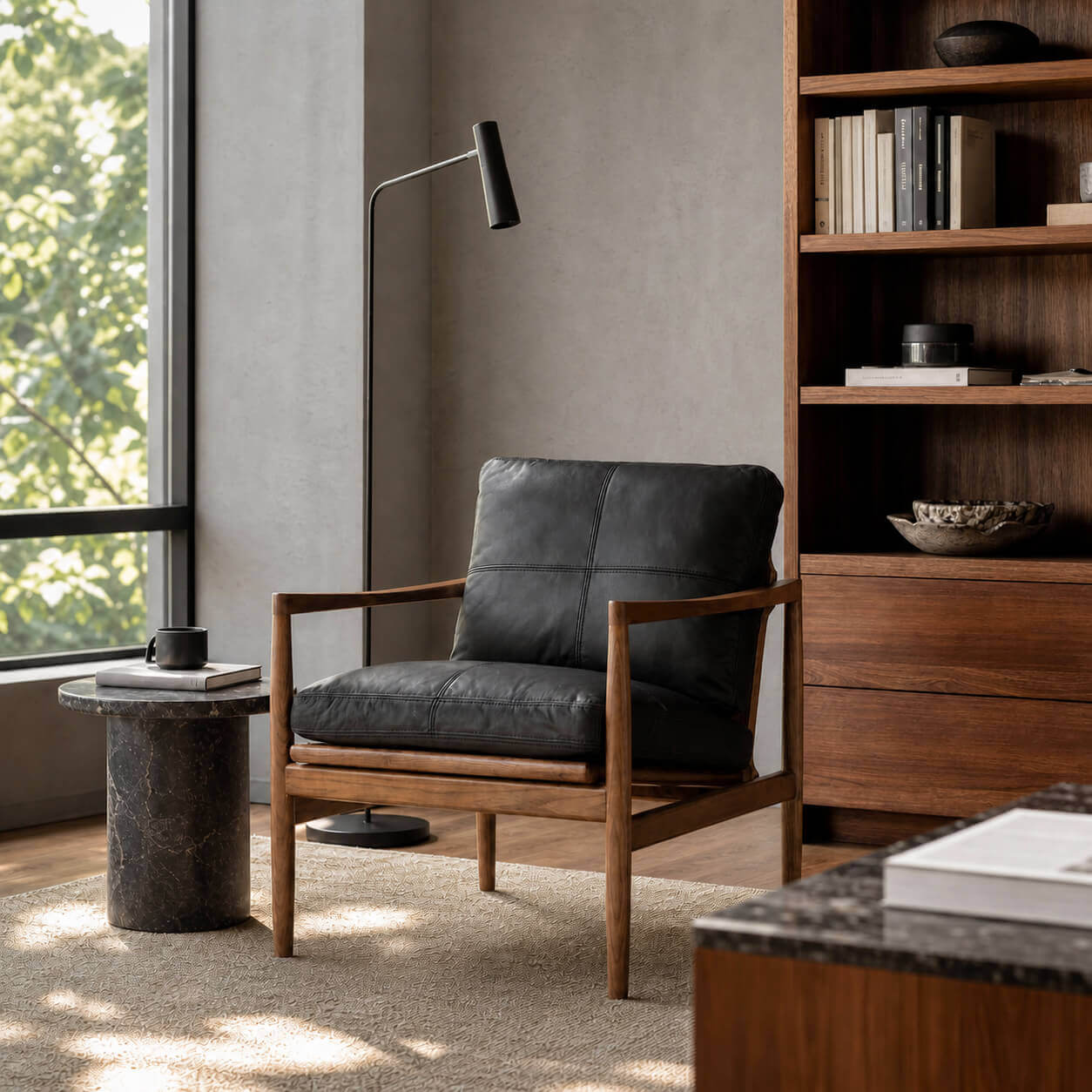 Hank black leather accent chair with exposed wood frame