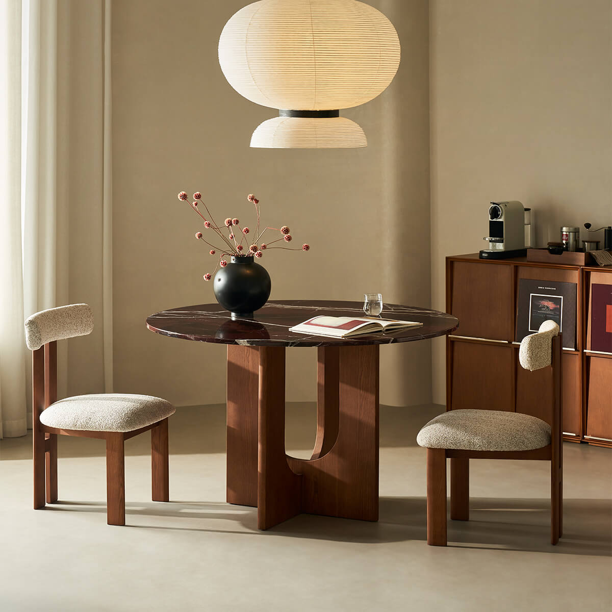 Hannah Dining Table with burgundy marble top dining room setting