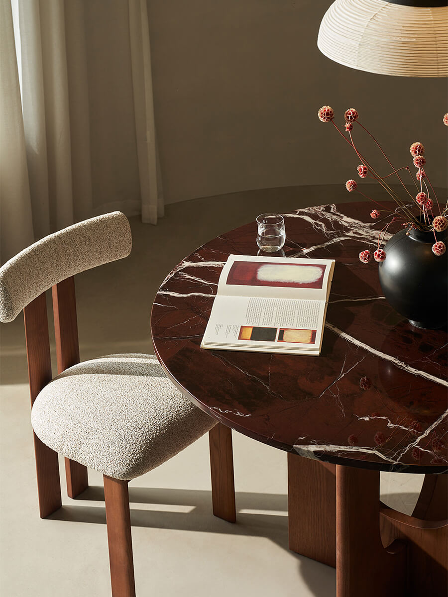 Hannah Dining Table burgundy marble tabletop detail