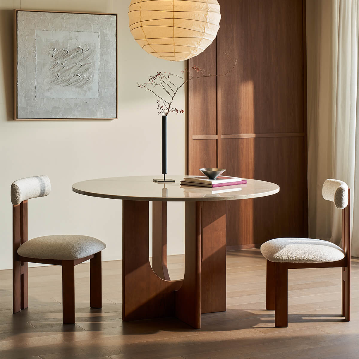 Hannah Dining Table with light beige marble top dining room setting