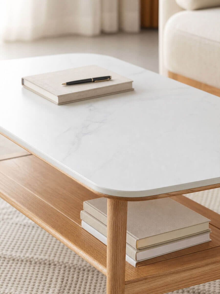 Close-up of the Harlow coffee table storage shelf and solid oak frame